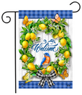 Decorative garden flag with lemons, a bluebird, and 'Welcome' text on a white background.