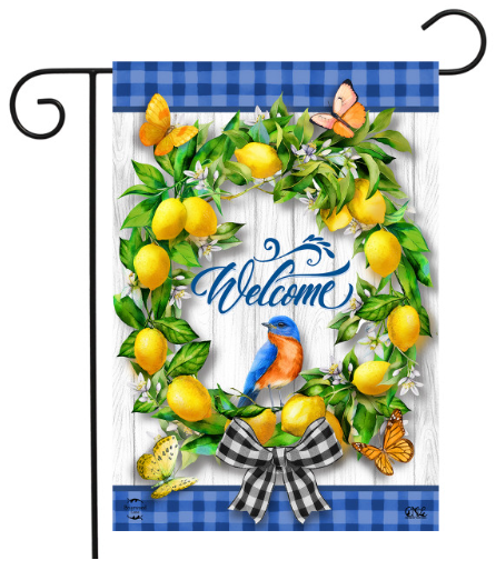 Decorative garden flag with lemons, a bluebird, and 'Welcome' text on a white background.