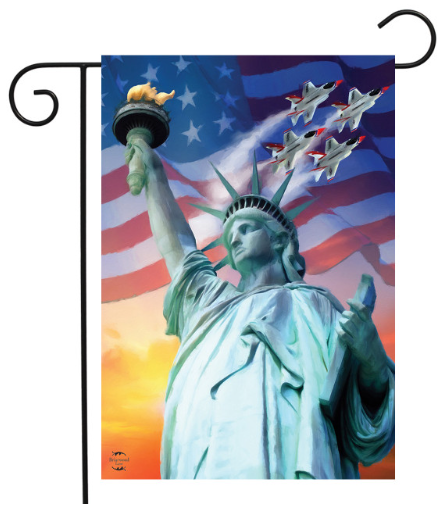 Flag with Statue of Liberty, American flag, and fighter jets.