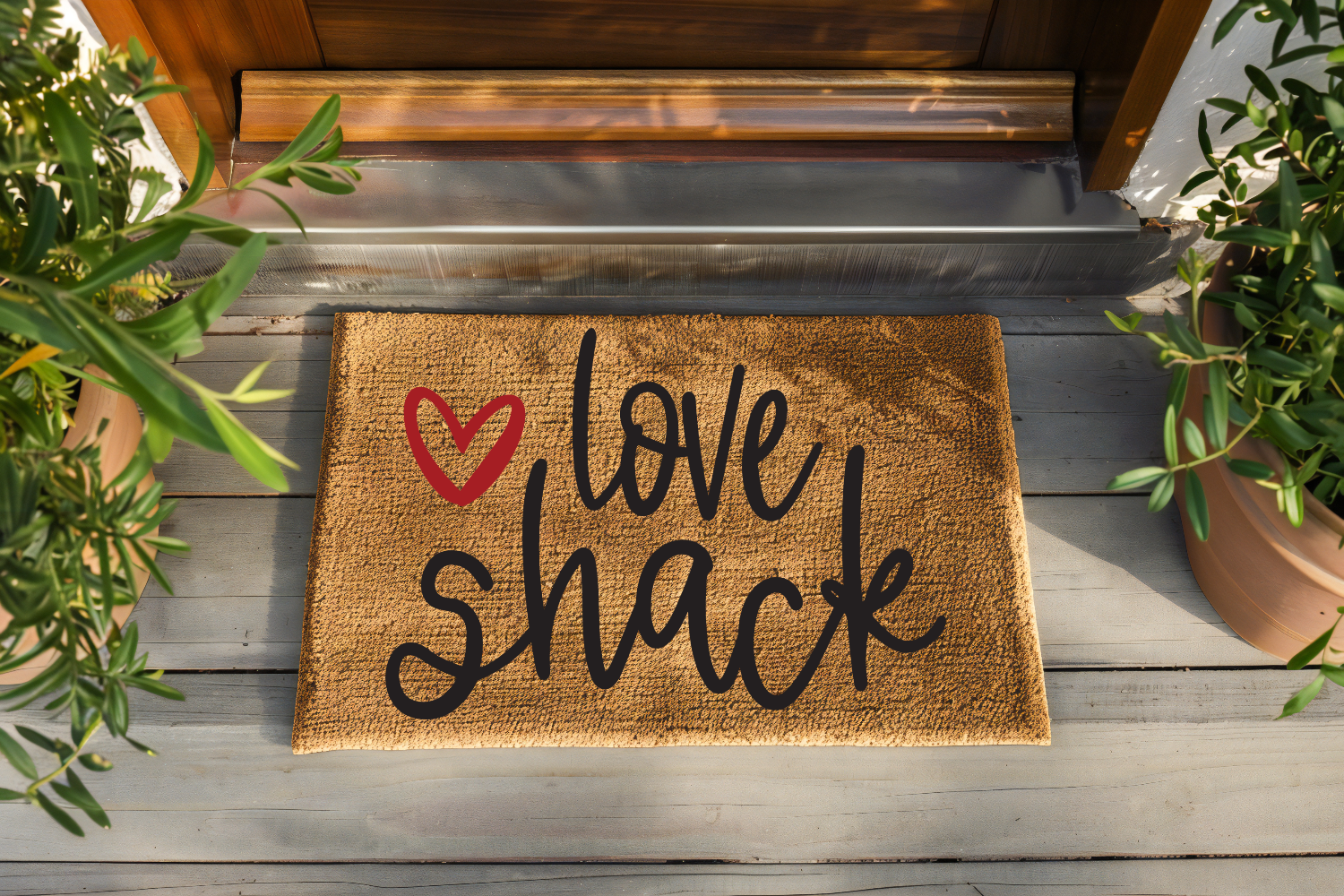 Doormat with 'love shack' text and heart symbol on a wooden floor.