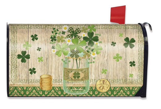 Lucky Clovers Magnetic Mailbox Cover (Standard) — Rustic Clover Bouquet & Gold Coins