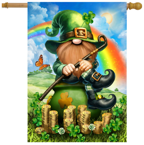 Lucky Irish Gnome with Rainbow & Gold House Flag (40" x 28")