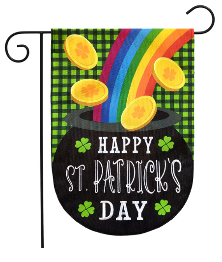 Lucky Pot Burlap St. Patrick’s Day Garden Flag (Rainbow & Gold Coins)