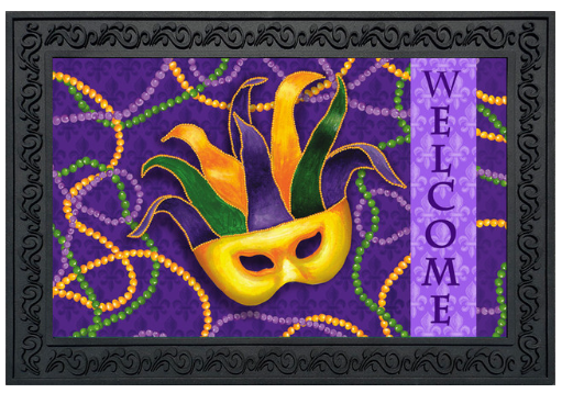 Mardi Gras “Welcome” Doormat Insert (Mask & Beads in Purple, Green, Gold)