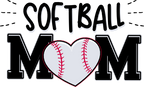 Decorative text 'SOFTBALL MOM' with a heart-shaped softball graphic.