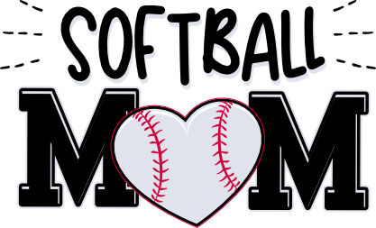 Decorative text 'SOFTBALL MOM' with a heart-shaped softball graphic.