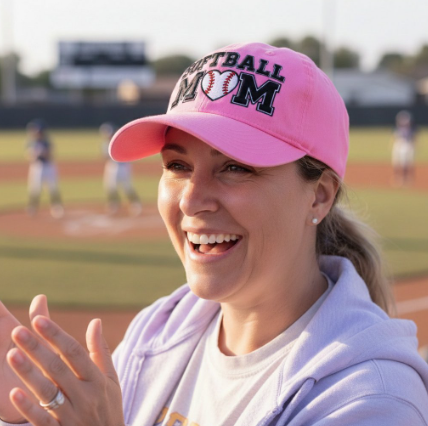 Woman wearing a pink 'Softball Mom' cap on a baseball field