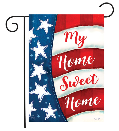 Decorative garden flag with American flag design and 'My Home Sweet Home' text.