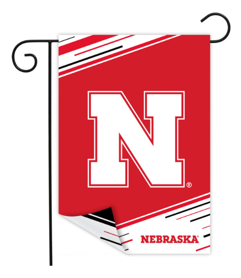 Nebraska garden flag with red background and white 'N' logo on a white background