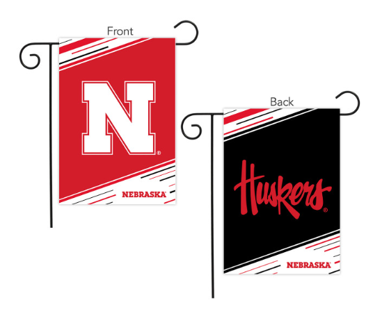 Nebraska-themed garden flag with red and black sides showing 'N' and 'Huskers' text.