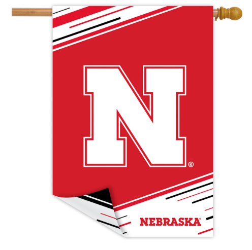 Nebraska-themed decorative flag with a large white 'N' on a red background.