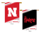 Two sides of a Nebraska-themed flag with red and black design.
