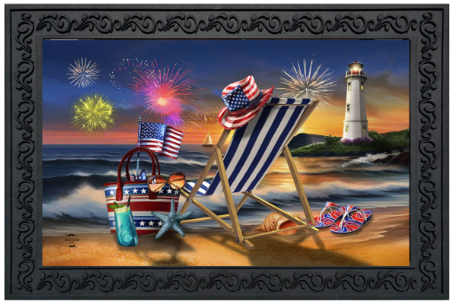 Beach scene with lounge chair, American flag, and fireworks over a lighthouse.