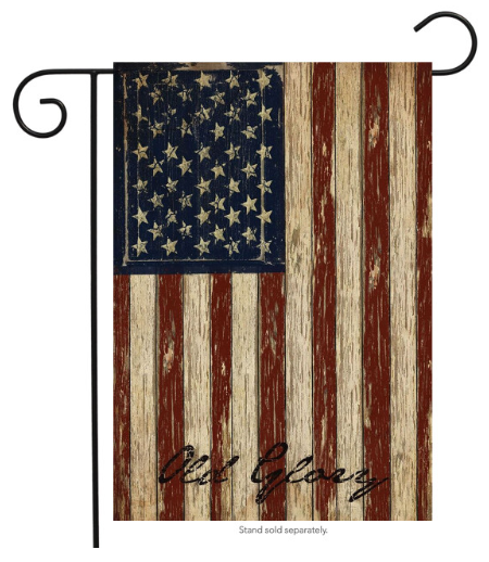 Vintage-style American flag with 'Old Glory' text on a wooden texture background