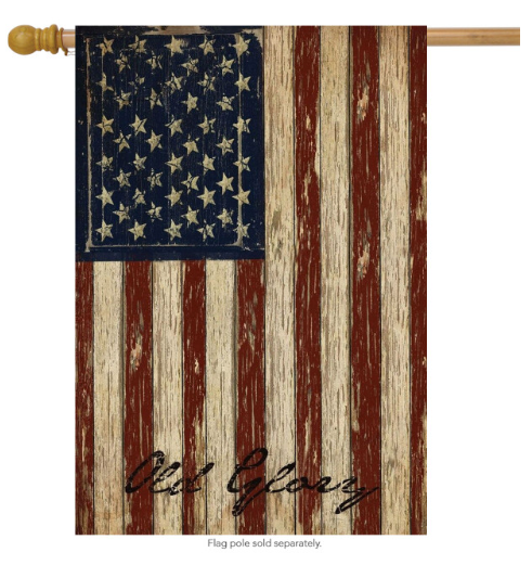 Vintage-style American flag with 'Old Glory' text on a wooden background