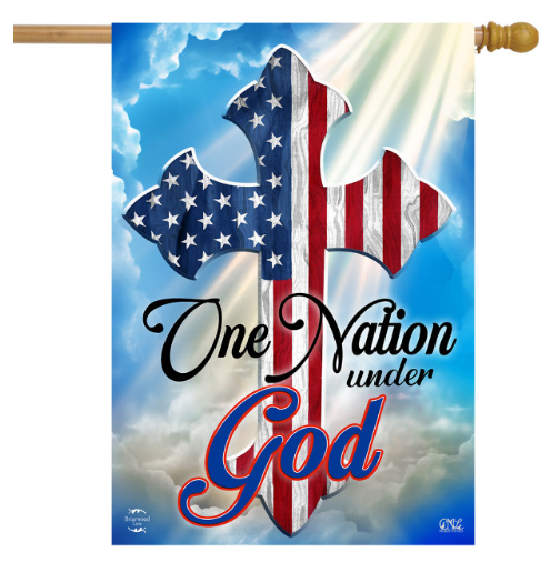 Flag with American flag design and 'One Nation under God' text against a blue sky background