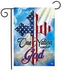 Decorative flag with American flags and 'One Nation Under God' text against a blue sky.