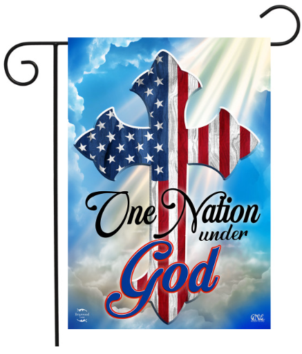 Decorative flag with American flags and 'One Nation Under God' text against a blue sky.