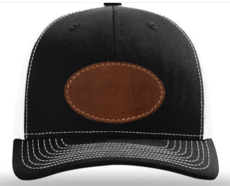 Black cap with a brown leather patch on a white background