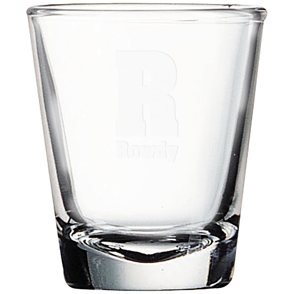 Clear glass tumbler with laser engraved logo on a white background