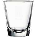Clear glass tumbler with laser engraved logo on a white background