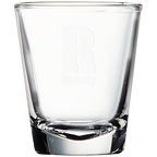 Clear glass tumbler with laser engraved logo on a white background