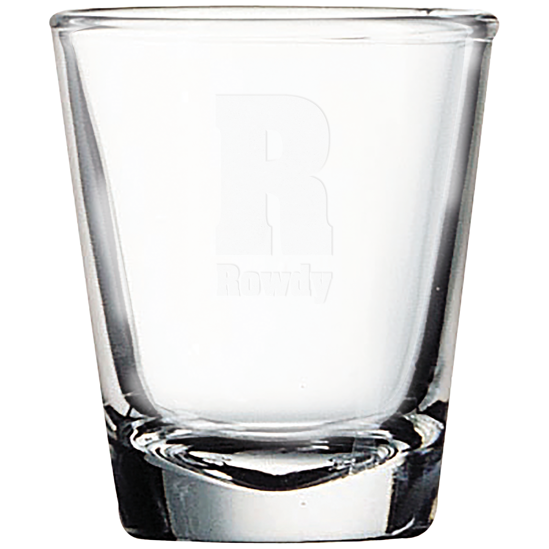 Clear glass tumbler with laser engraved logo on a white background