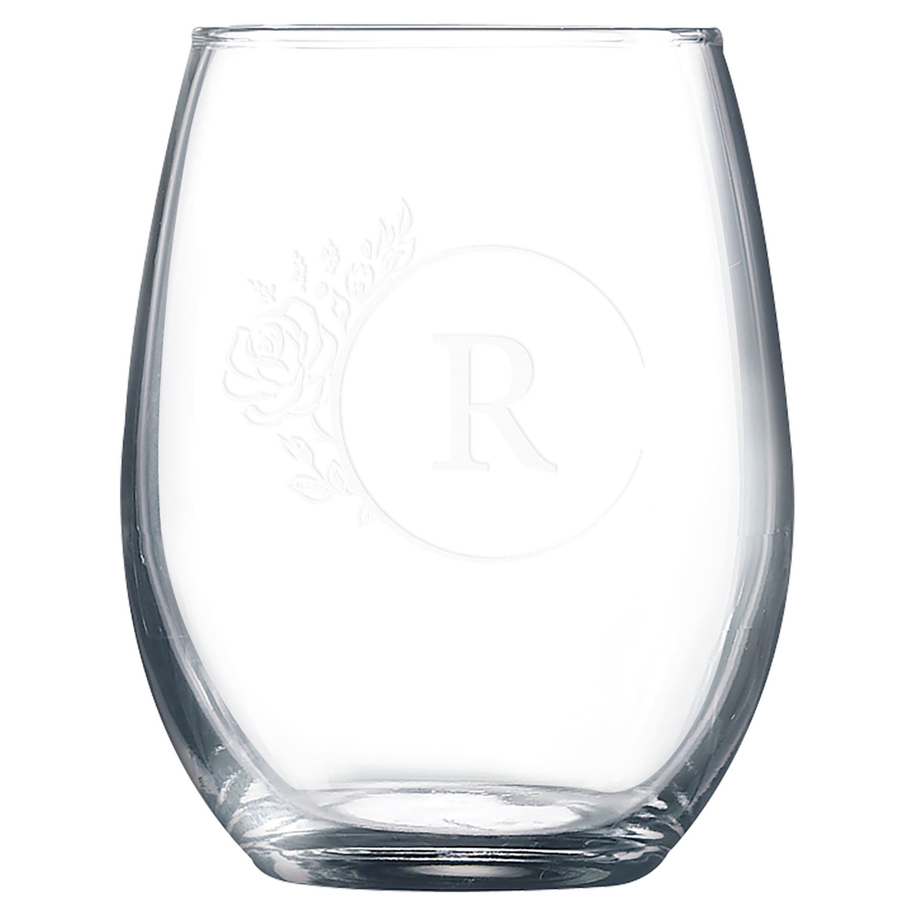 Clear glass tumbler with laser engraved design on a white background