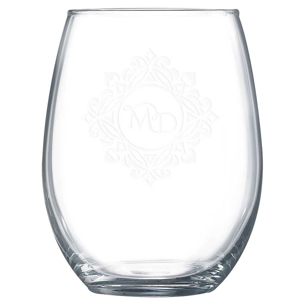 Clear glass with laser engraved design on a white background
