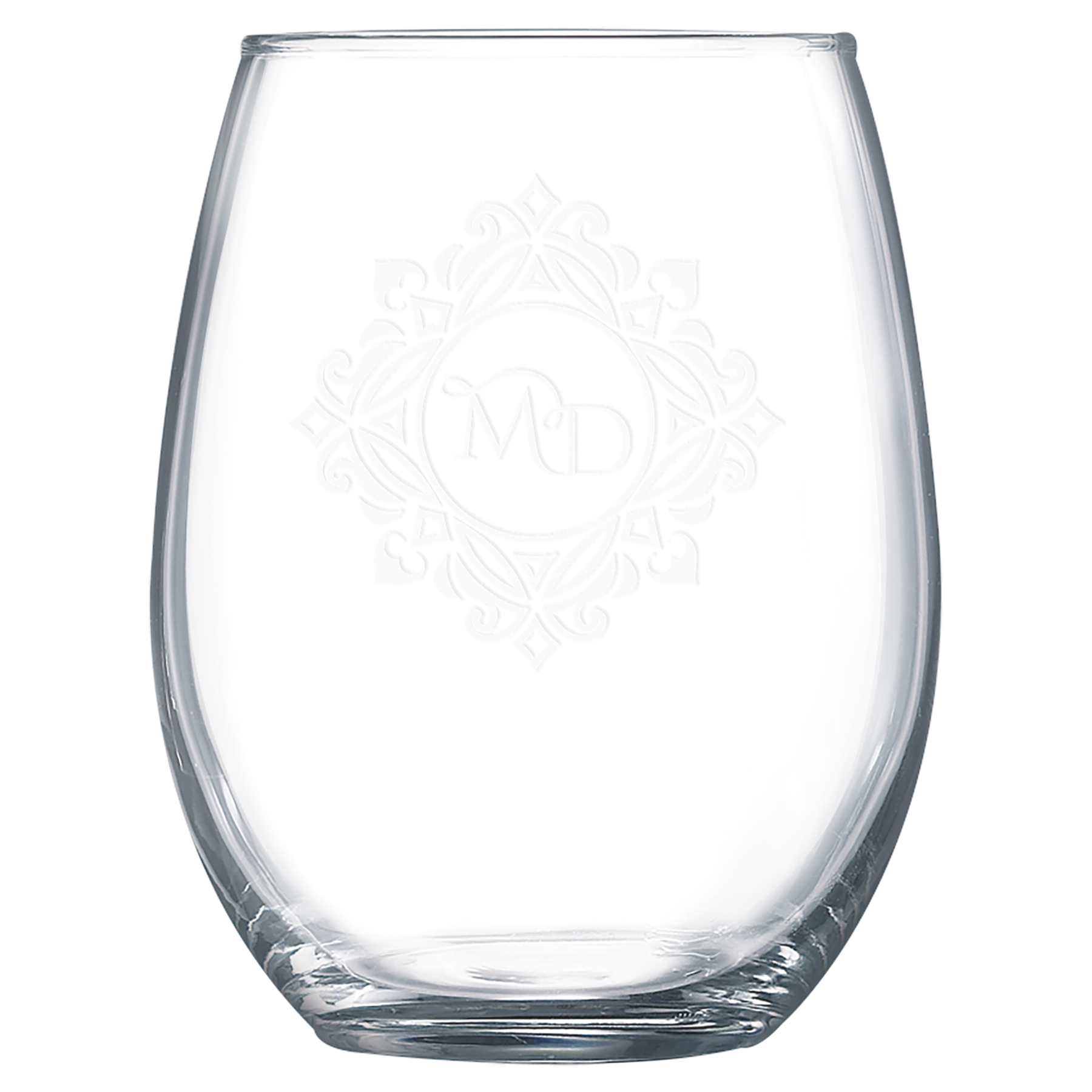 Clear glass with laser engraved design on a white background