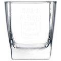 Clear square glass with engraved text 'There's always time for a cocktail' on a white background