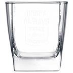 Clear square glass with engraved text 'There's always time for a cocktail' on a white background