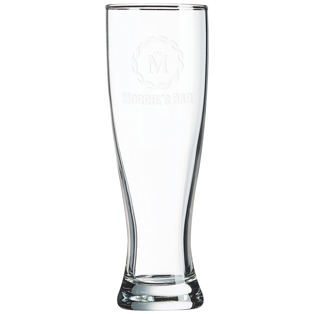 Clear glass beer mug with a laser engraved logo on a white background