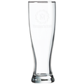 Clear glass beer mug with a laser engraved logo on a white background