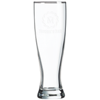 Clear glass beer mug with a laser engraved logo on a white background