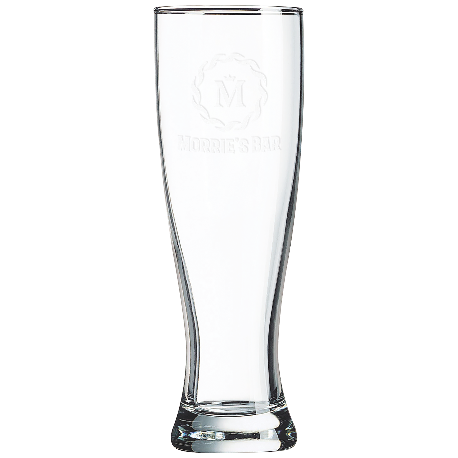 Clear glass beer mug with a laser engraved logo on a white background