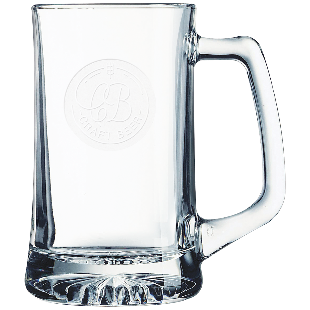 Clear glass mug with handle and laser engraved logo on a white background
