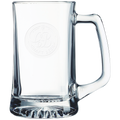 Clear glass mug with handle and laser engraved logo on a white background