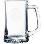 Clear glass mug with handle and laser engraved logo on a white background