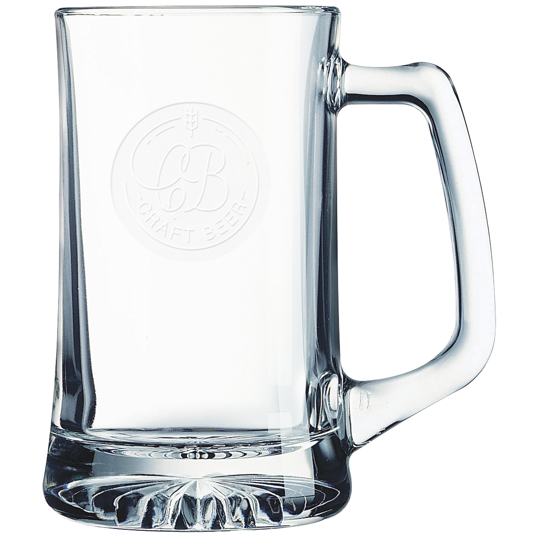 Clear glass mug with handle and laser engraved logo on a white background
