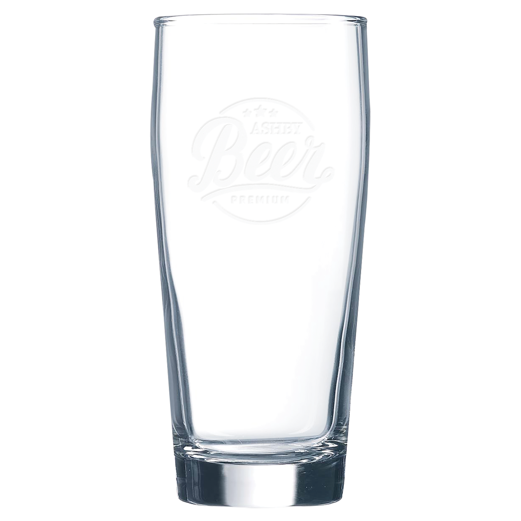 Clear glass with laser engraved logo on a white background