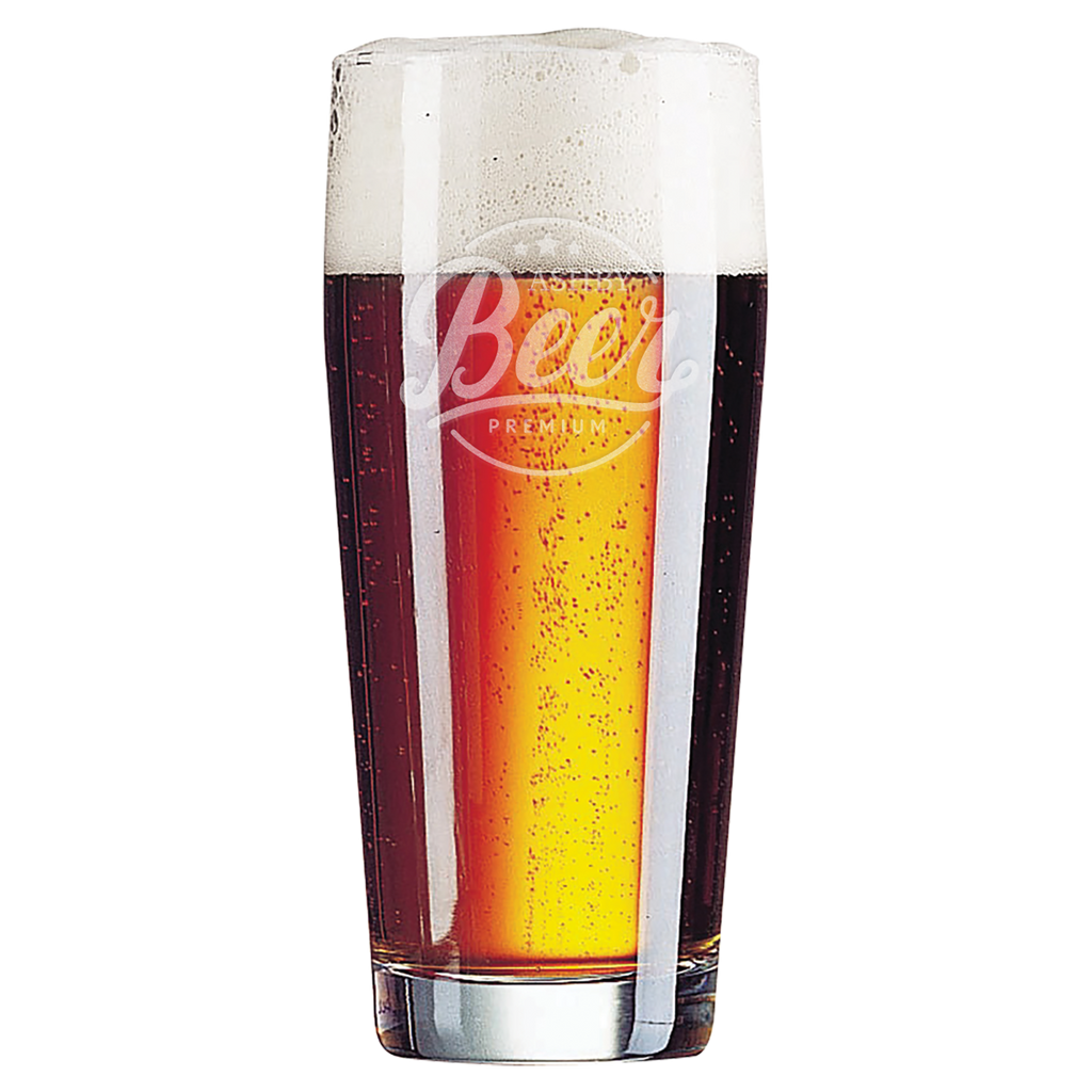 Glass of beer with a visible brand logo on a white background