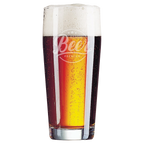 Glass of beer with a visible brand logo on a white background