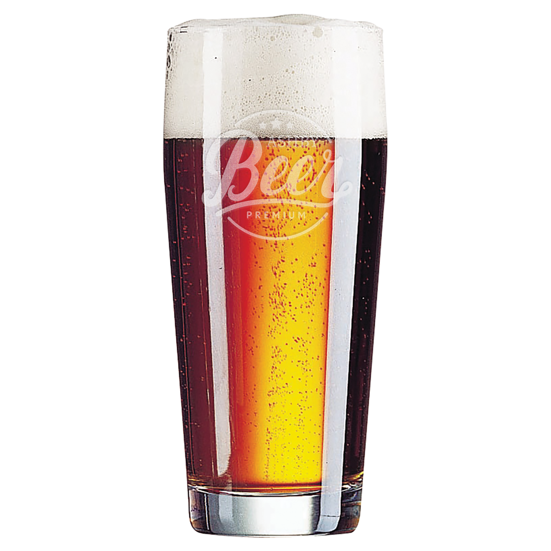 Glass of beer with a visible brand logo on a white background