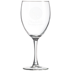 Clear wine glass with laser engraved design on a white background