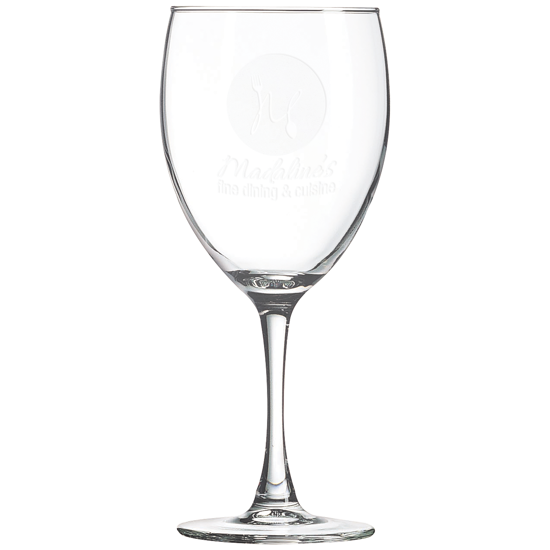 Clear wine glass with laser engraved design on a white background