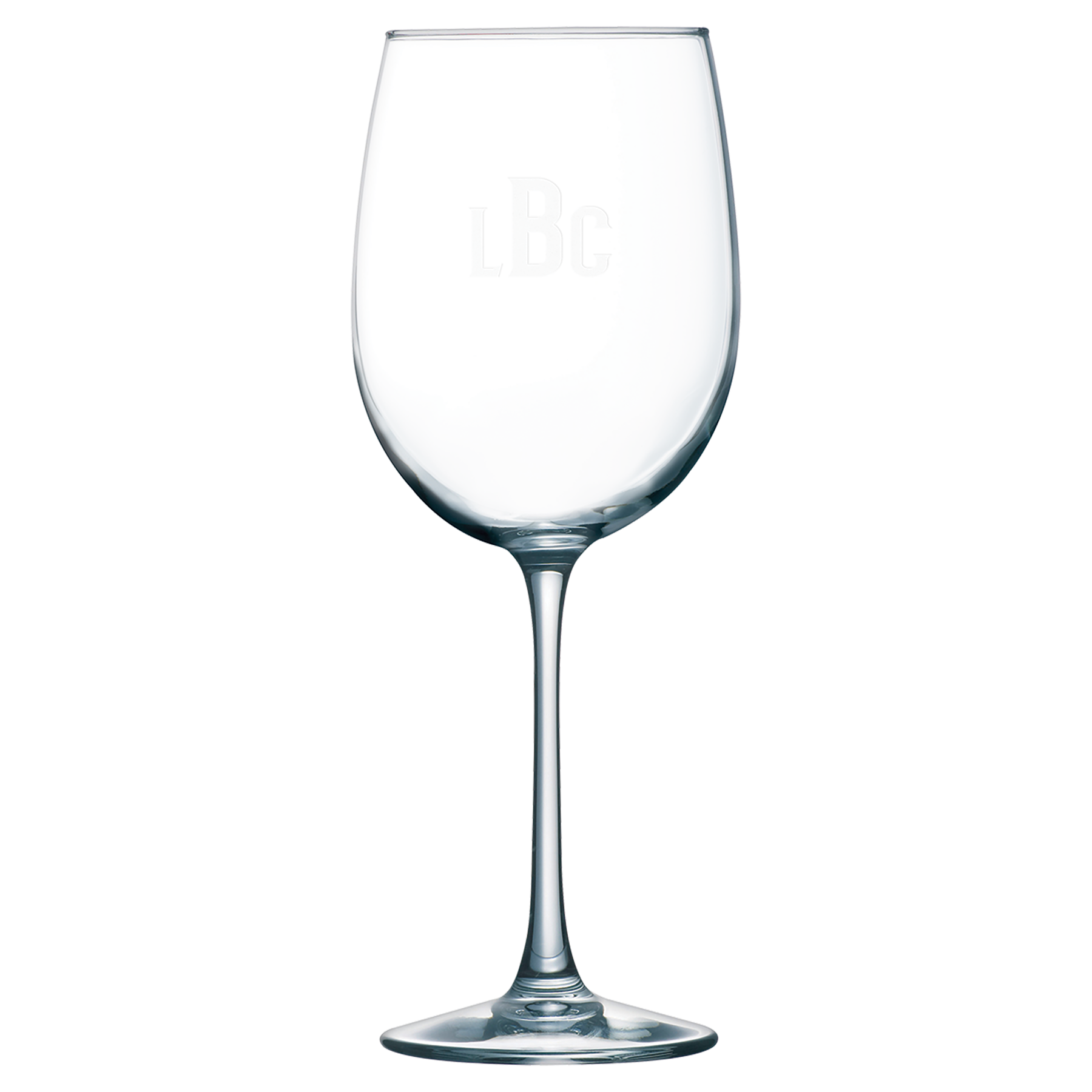 Clear wine glass with laser engraved monogram text on a white background