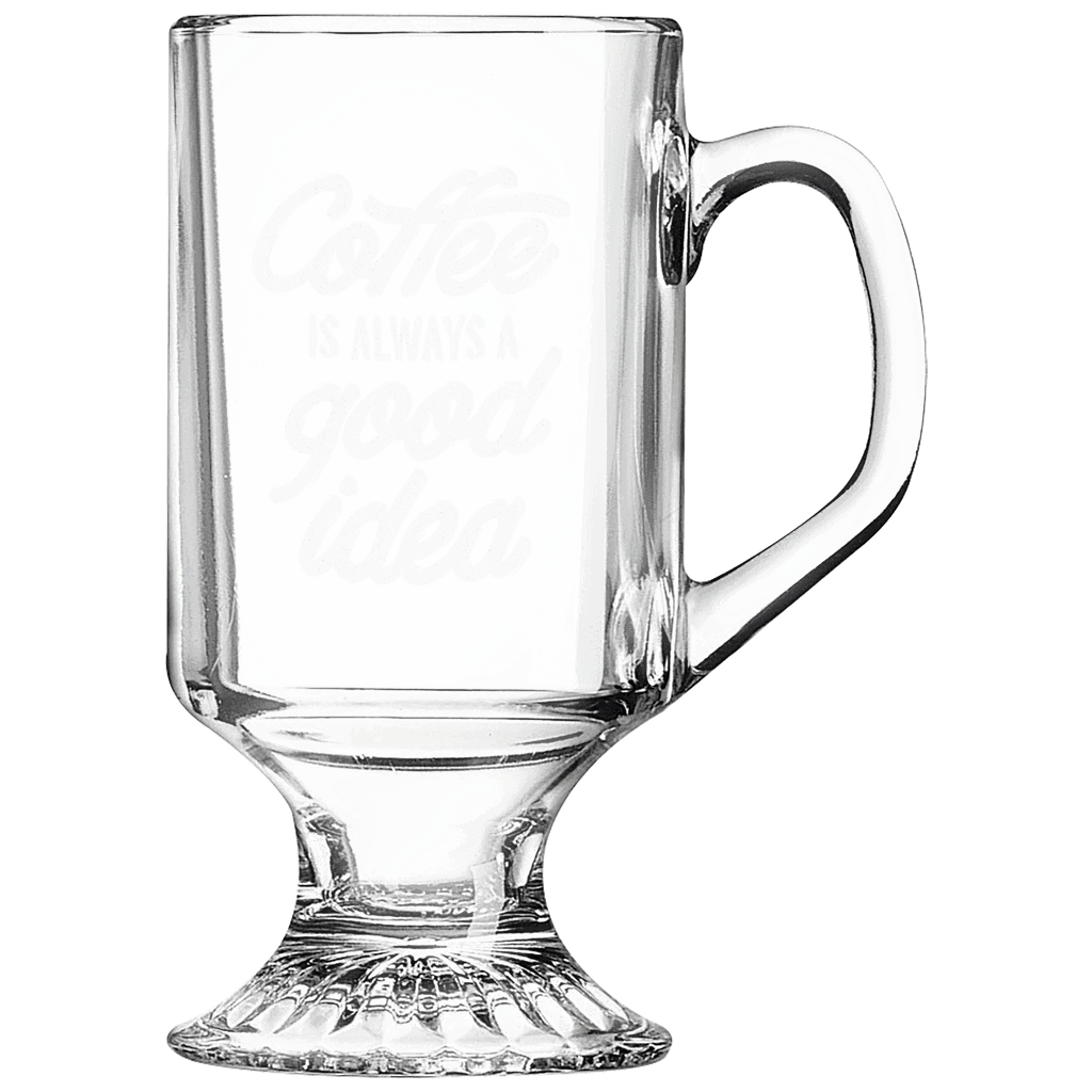 Clear glass mug with handle and laser engraved text on a white background