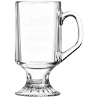 Clear glass mug with handle and laser engraved text on a white background