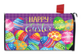 Easter-themed mailbox cover with colorful eggs and 'Happy Easter' text on a purple background.